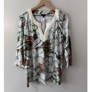 Talbots Tropical Floral Tunic Embroidered Split Neck Resort Beach Size M